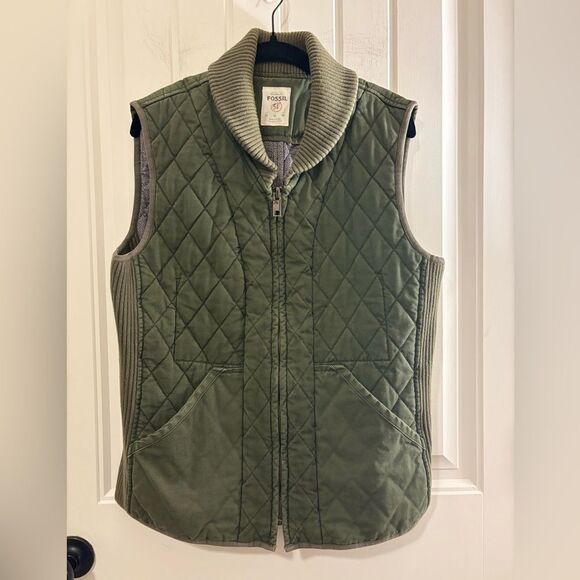 Fossil Vintage Men’s Quilted Olive Green Ribbed Collar Vest - Picture 1 of 12